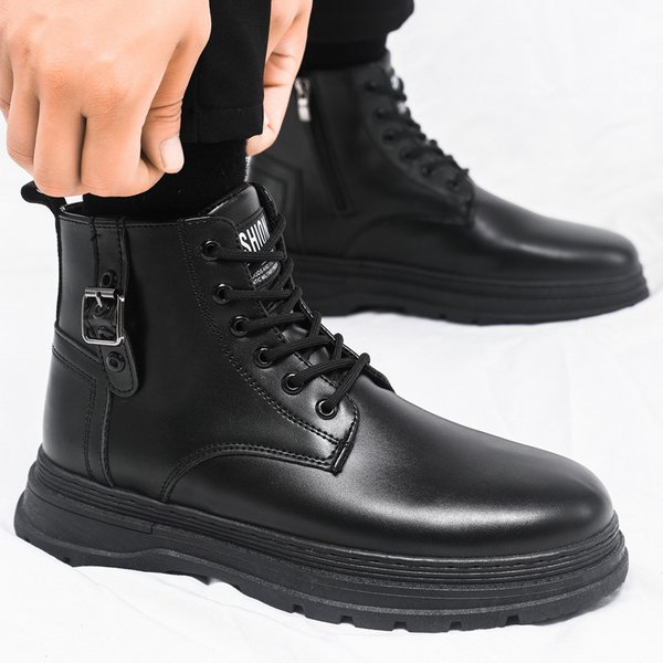 Men's Shoes Large Size Martin Boots For Men With Side Zipper, Autumn Fashion Trend, Men's Outdoor Black Mid Cut Short Boots, Work Boots-image