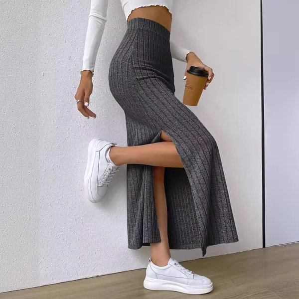 Women's Clothing High Waist Side Slit Slim Fit Knitted Skirt Female Fashion Long Skirt-image