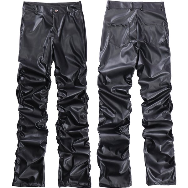 Men's Clothing Street Pleated Stacked Design Pu Leather Pants Men's Hiphop High Street Casual Slim Straight-image