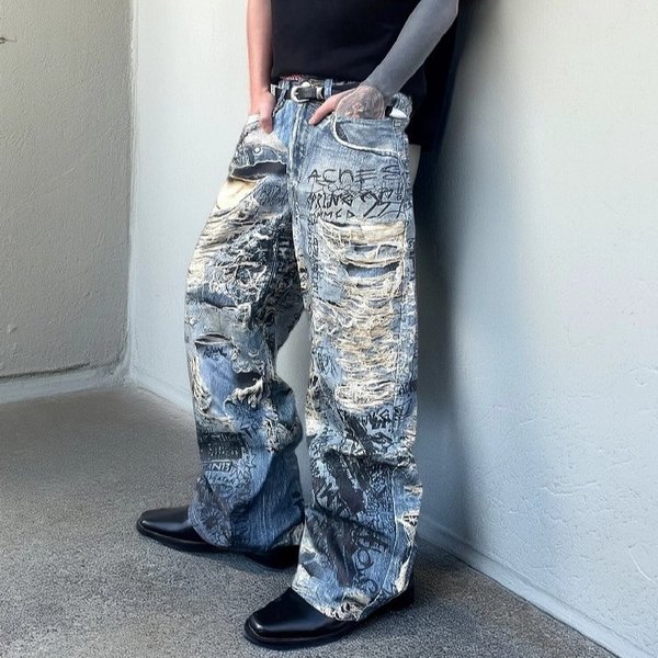Summer New Illusion Distressed 3D Printed Digital Jeans Loose Trendy Design Versatile Long Pants