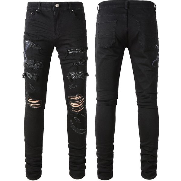 Men's Clothing ripped jeans men's elastic embroidered snake jeans wrinkled snakeskin slim fit ripped men's pants