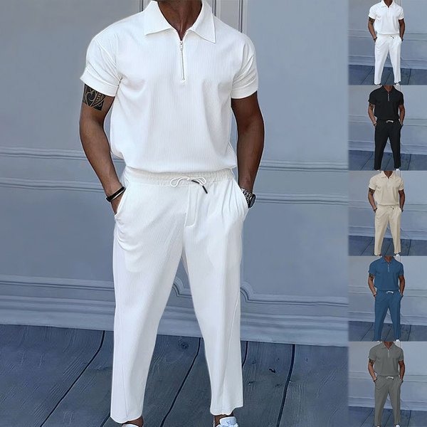 Men's Clothing Large Size Solid Color Suit Lapel Short Sleeve Zipper Trousers Suit-image