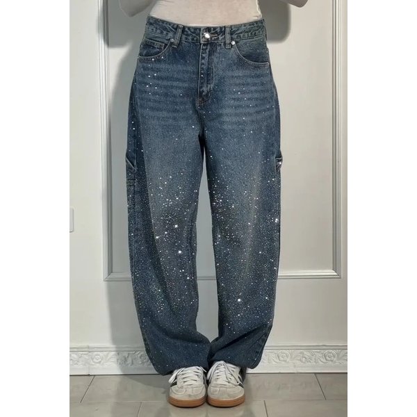 Glitter Star Embellished High-Waist Jeans For Women – Stylish Stretch Denim Pants With Rhinestone Details, Straight Leg Fit-image