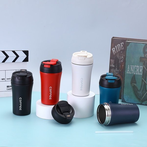 Stainless Steel Double Layer Coffee Cup Vacuum Flip Bounce Double Drinking Straw Insulation Cup Car Gift Water Cup-image