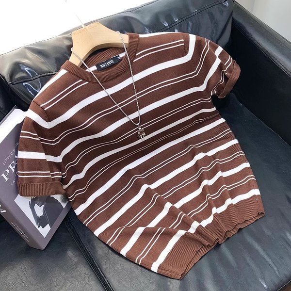 Men's Clothing New striped knitted short sleeved men's half sleeved sweater T shirt round neck slim fashion youth bottoming shirt 2024 trend