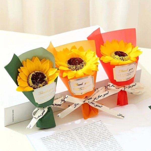 Sunflower Soap Flower Bouquet - Handmade Artificial Floral Arrangement For Graduation, Home Decor, Gift Giving (Red, Orange, Green)