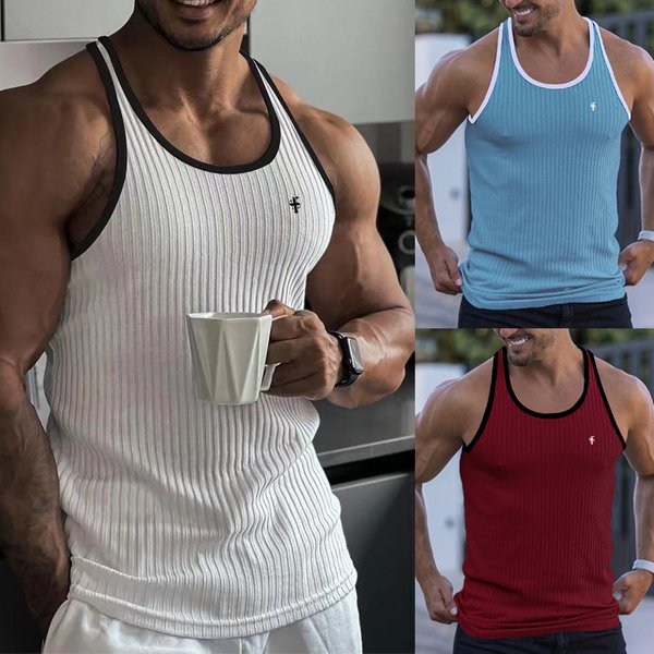 Men's Clothing New Summer Sports And Fitness Breathable Vertical Striped Vest Men's Elastic Quick Drying I Shaped Sleeveless Threaded Bottoming Shirt-image