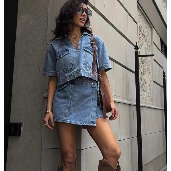 Women's Double Breasted Denim Set - V Neck Crop Shirt With High Waist Skirt Shorts Casual Streetwear Two Piece Outfit