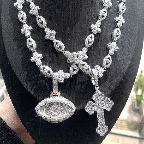 European And American New Style Eye Cross Zircon Pendant Hip Hop Rap Punk Trendy Men's Full Diamond Necklace-image