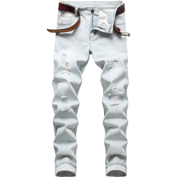 Men's Straight Slim Fit Ripped Jeans Light White Blue Men's Trousers