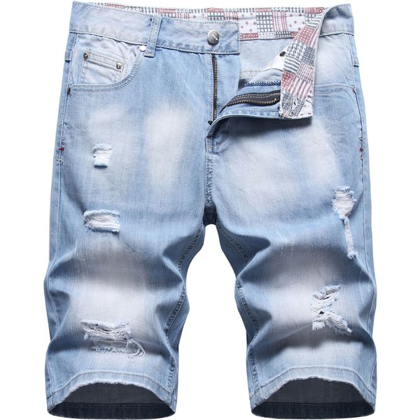 Man's Clothing Summer Thin Denim Shorts Men's Ripped Medium Pants Trend Loose Straight Printed Men's Quarter Pants-image