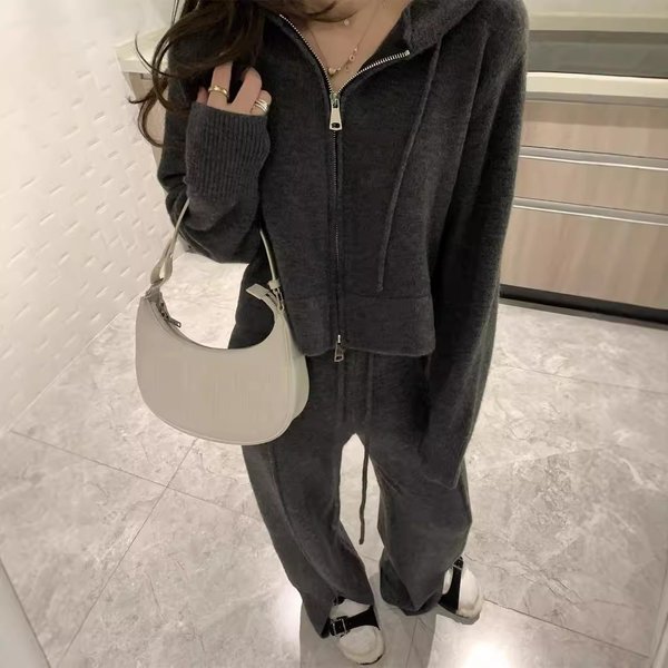 Women's Clothing New Zipper Hooded Sweater Two Piece Spring And Autumn Casual Fashion Split Knitted Wide Leg Pants Suit For Women-image