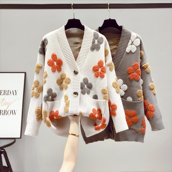 "Women's Sweet Knit Cardigan - Floral V-Neck Long Sleeve Oversized Loose Fit Casual Chic Coat"-image