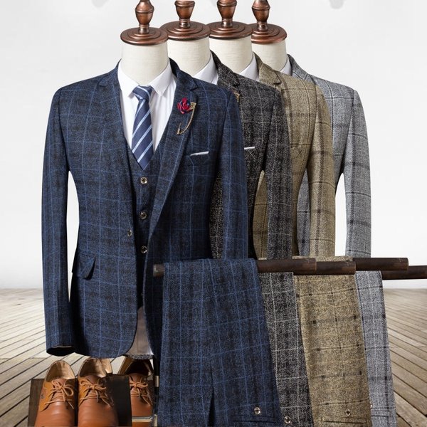 Men's Clothing 2024 Autumn New Men's British Slim Plaid Suit Three Piece Suit Men's Suit Casual Dress Suit Trendy-image