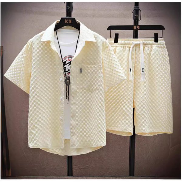Men's Clothing Summer Ice Silk Suit For Men, Handsome Trendy Short-sleeved Shirt And Shorts, A Set Of Plaid Thin Sports And Leisure Two-piece Suit