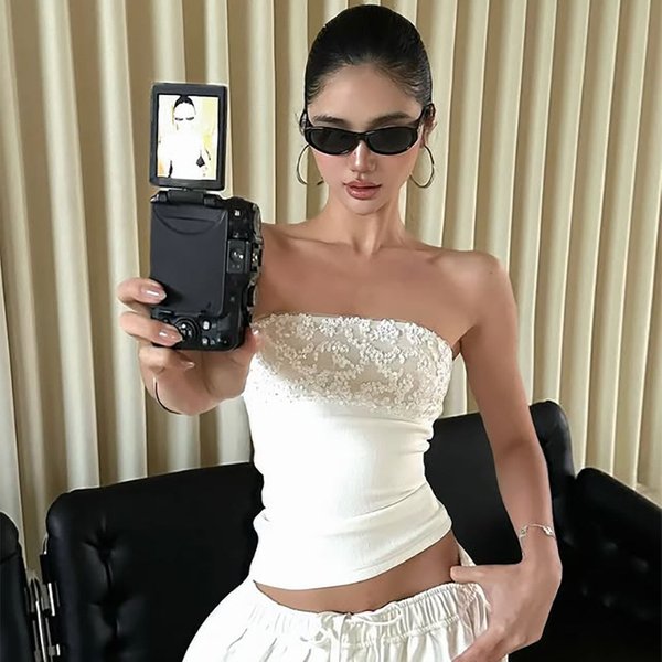 2025 New European And American Style Patchwork Sequin Strapless White Sleeveless Slim Fit Design One-Shoulder Sexy-image