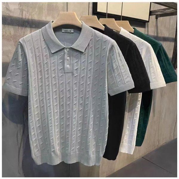 Men's Slim Fit Short Sleeve Polo Shirt High End Korean Style Solid Color Casual Knit Top Trendy Lapel Summer