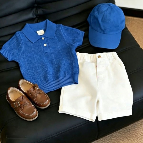 Korean Style Boys' Summer Polo Shirt Blue Knit Short Sleeved Hollowed out Design New 2026 White Shorts Set Toddler Clothing