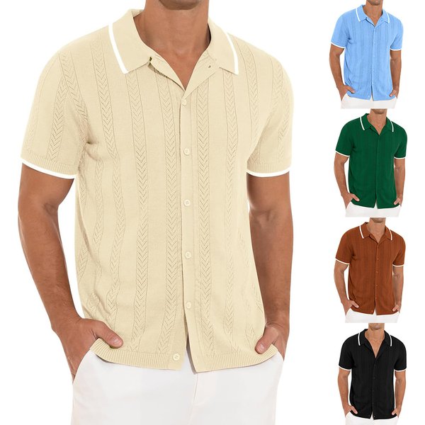 Men's Clothing Casual Knitted Solid Color Short Sleeved Splicing Hollow Breathable Tops
