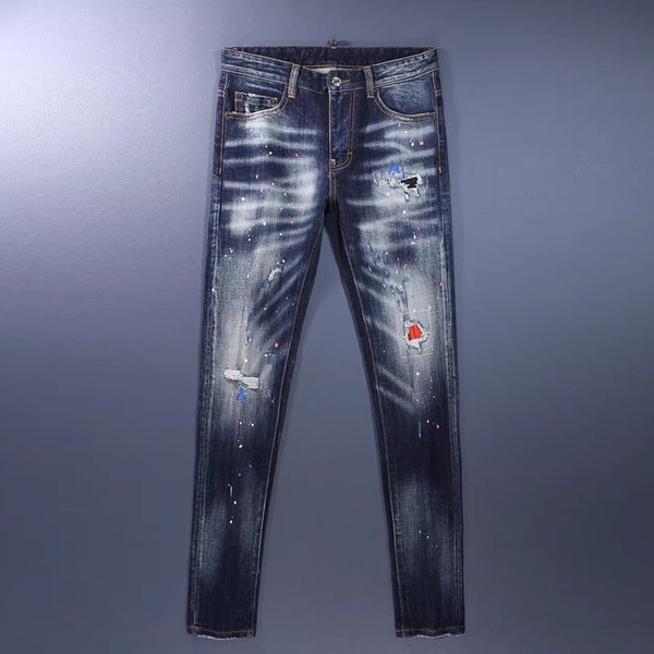 Men's Slim Fit Skinny Jeans Trendy Ripped Distressed Blue Washed Paint Print American Street Style