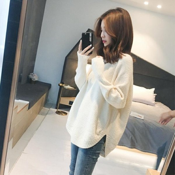 Women's V-Neck Knit Sweater Longline Loose Fit Casual Pullover Top - Soft Acrylic Blend Yarn, Comfortable & Stylish For Autumn