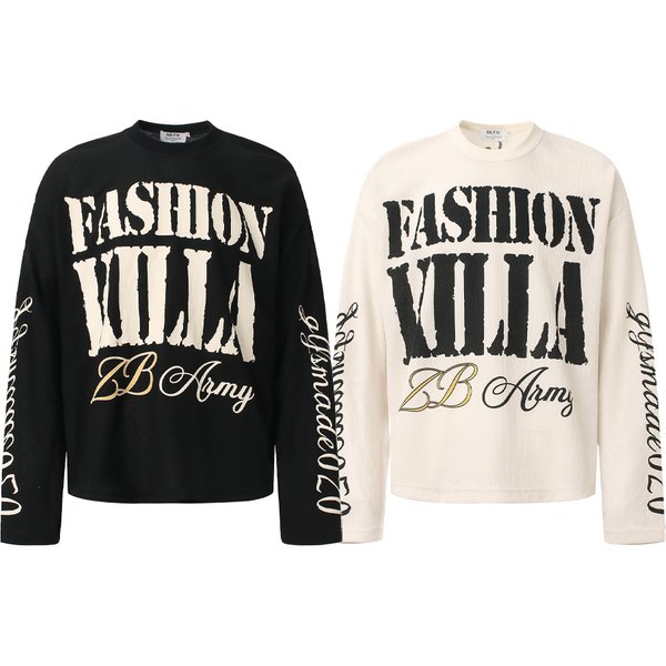 Men's Clothing Waffle Long Sleeve T-Shirt Retro Street Style High-End Letter Print Design Unisex