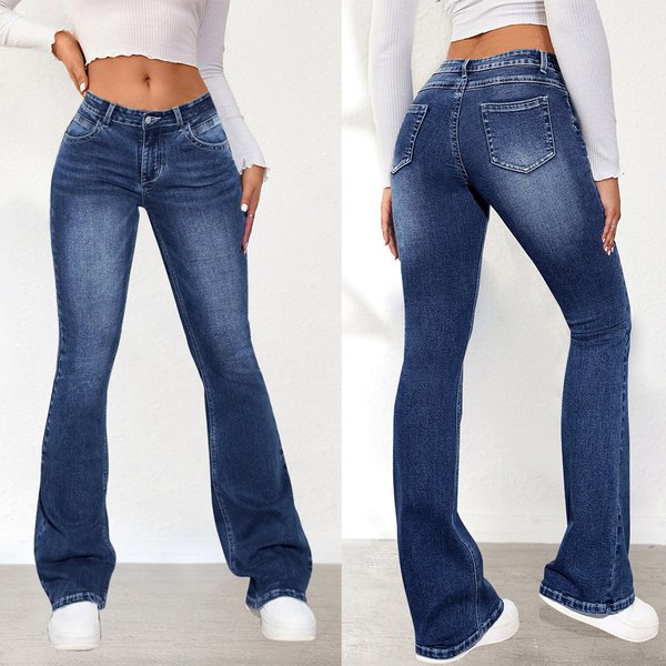 Women's High Waist Flare Jeans - Stretch Denim Bootcut Pants For Work & Casual, Slimming Washed Blue Trousers (S-XXL)