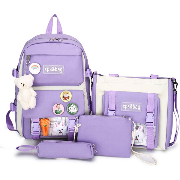 Four Piece Student Backpack For Girls, Elementary School Students, Junior High School Students Canvas Contrasting Color Backpack-image