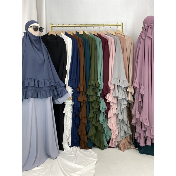 Ramadan Long Chiffon Ruffle Khimar Abaya Muslim Niqab Big Scarf Islam Prayer Clothes Eid Djellaba Double Layered Turban Hijabs