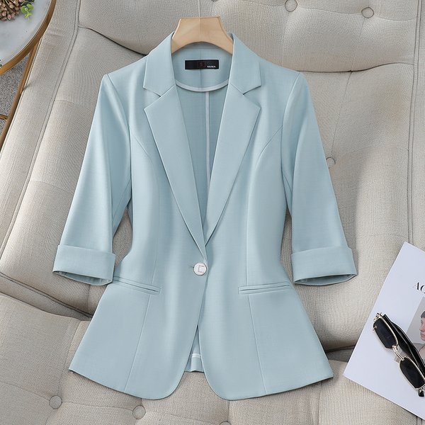 Summer Light Blue Blazer For Women - Slim Fit Casual Short Sleeve Jacket - Breathable Polyester - Office & Everyday Wear