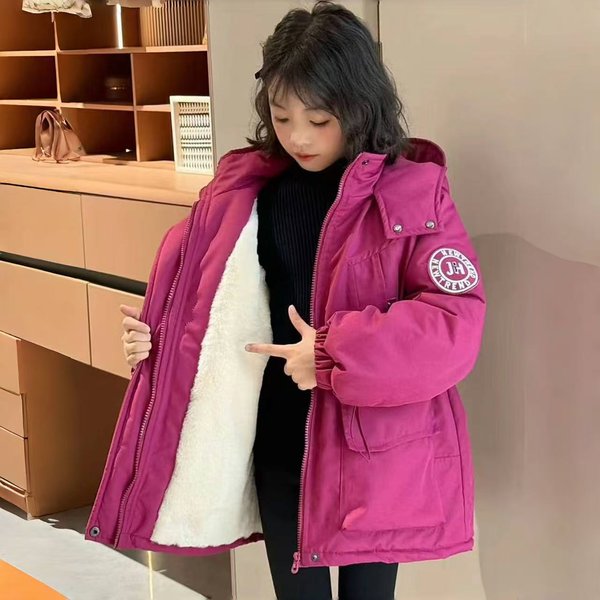 Trendy Fleece-Lined Winter Jacket For Girls – Thickened Hooded Parka (Ages 8+, 120-170cm, Rose Pink/Black)