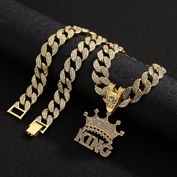 Original Hip Hop Letter King Pendant Necklace Men's Street Cuban Chain Decoration Personality Alloy Full Diamond Crown Pendant-image