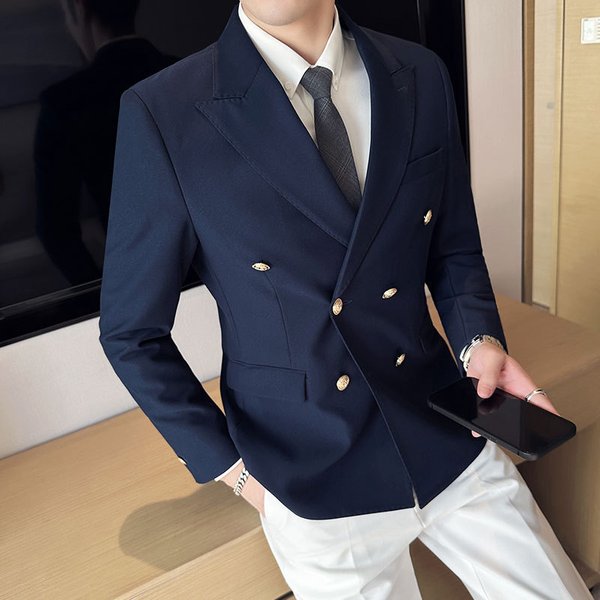 Men's Clothing Men's Slim Fit Double Breasted Gold Suit Jacket Peak Lapel Single Blazer For Formal & Casual-image