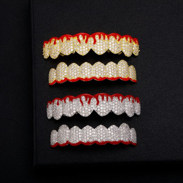 Christmas Unisex Gold & Silver Hip Hop Grillz With Flame & Diamond Design - Perfect For Halloween, Cosplay & Fashion-image