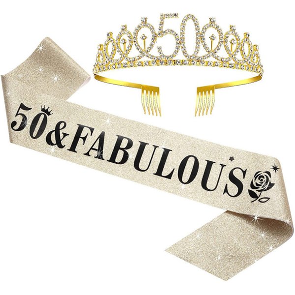 Number 40 50 60 Birthday Crown Rose Flower Etiquette Belt Set Rhinestone Headband Belt Queen Party Supplies-image