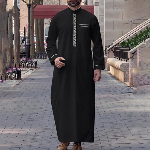 Muslim Long Sleeved Embroidered Stand Collar Arabic Style Loose Men's Casual Robe ()-image