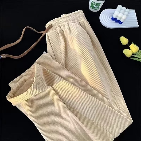Men's Clothing Fashion Ice Silk Apricot Textured Sports Pants Thin Straight Wide Leg Pants High Street Drape Casual Pants-image