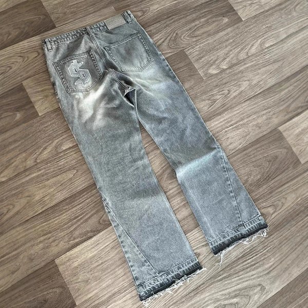 Vintage Washed Distressed Embroidery Jeans High-Street Style Relaxed Straight-Leg Fit For Men & Women Blue Black Cotton-image