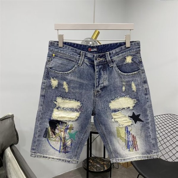 Men's Clothing Fashionable And Stylish Personalized Embroidered Denim Shorts Slim Fitting Skinny Pants Summer Thin Style Ripped Shorts-image