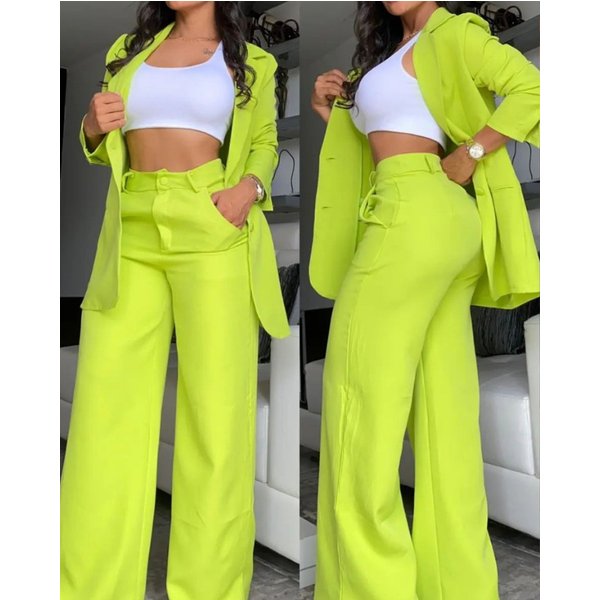 Women's Clothing, Elegant And Solid Color Split Sleeve Lapel Suit With Pockets And Straight Pants Suit-image