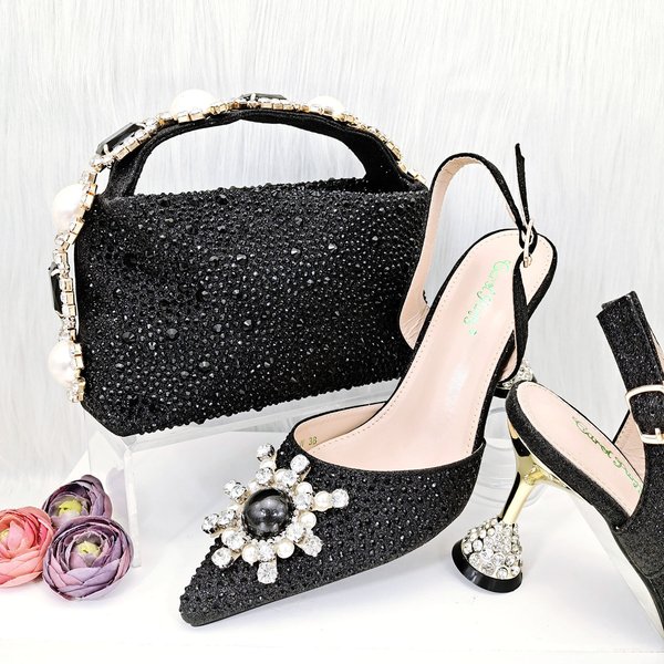 Women’S Shoes Simple Party Style Pointed Toe Women's Shoe And Bag Set With Diamond Strap On The Handle-image