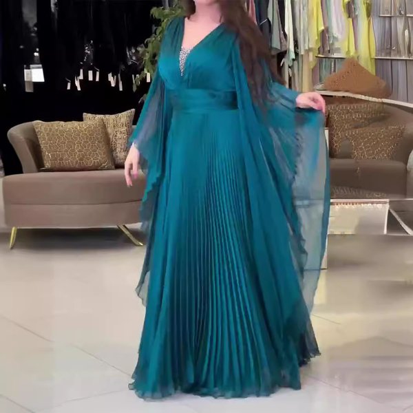 Elegant V-Neck Long Sleeve Maxi Dress With Belt - Flowy Chiffon Evening Gown For Women, Bohemian Style Loose Fit Dress In Emerald Green-image