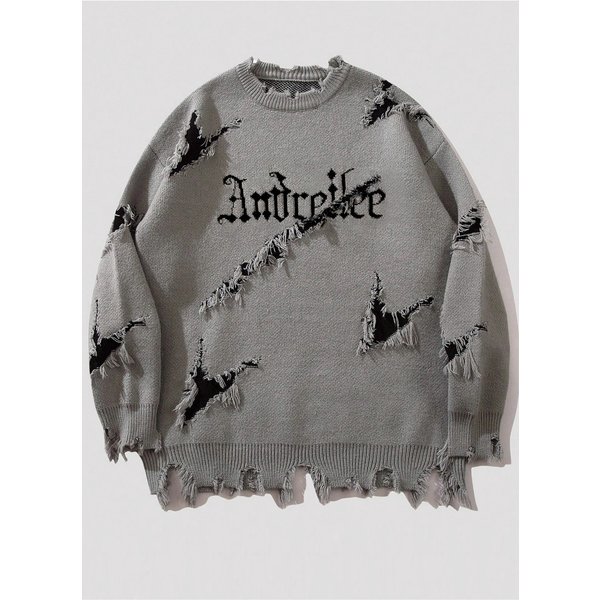 Men's Distressed Knit Sweater With Letter Embroidery, Frayed Hem, And Crew Neck For Winter Casual Wear
