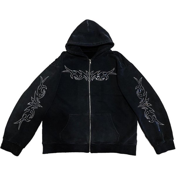Gothic Letter Embroidered Zip-Up Hoodie – Unisex Oversized Sweater Jacket (Black/White, S-XL)-image