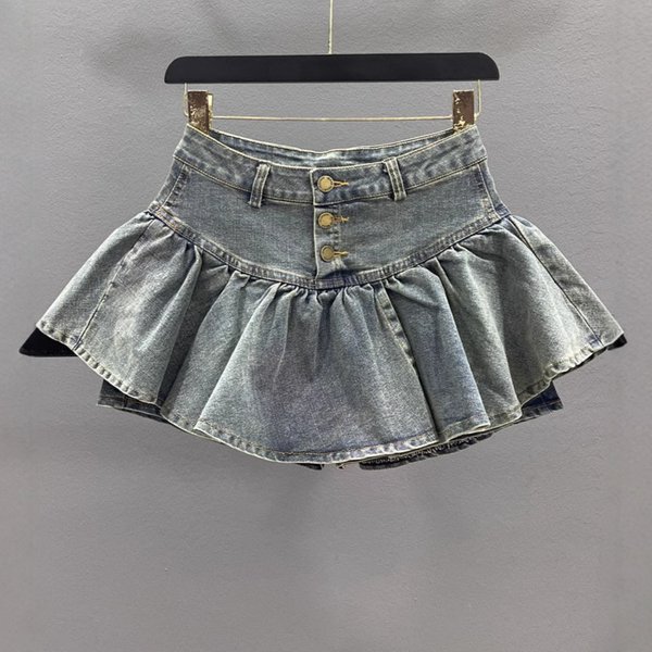 Black High Waist Single Breasted Layered Ruffled A Line Denim Skirt Bottoming Skirt Puffy Skirt For Women-image