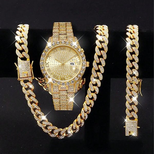 Men's Stylish Waterproof Hip-Hop Full Diamond Watch With Bracelet - Large Dial, Quartz Movement, Mineral Glass, Stainless Steel-image