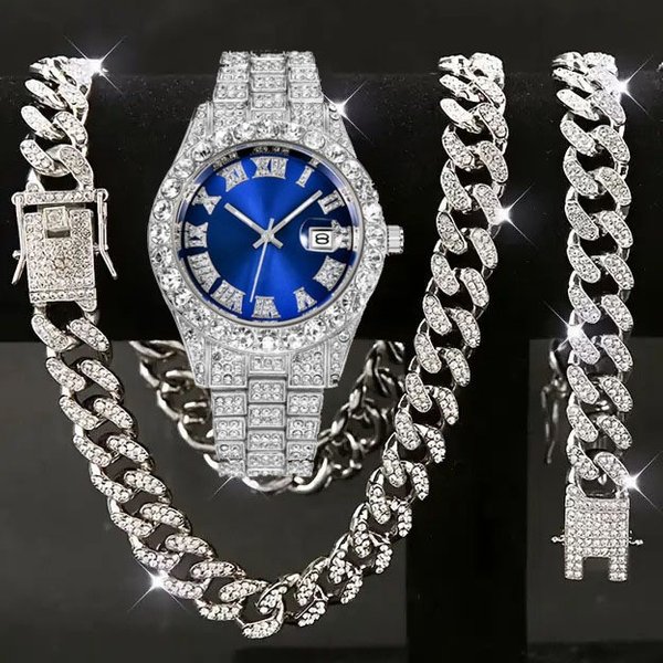 Men's Hip Hop Luxury Watch Set Diamond Accents, Matching Bracelet & Necklace, Quartz Movement, Round Dial, Stainless Steel Case, Mineral Crystal Glass