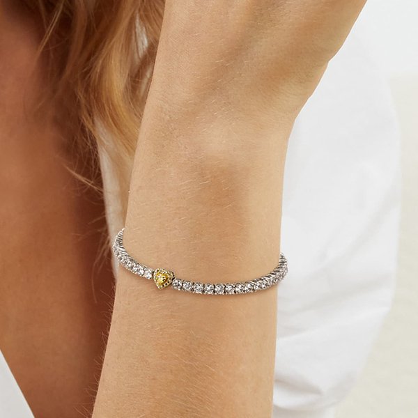 Women's Jewelry Cubic Zirconia Tennis Bracelet With Heart Charm, Gold Tone Adjustable Lobster Clasp, Elegant Light Luxury Gift For Her Heart-image