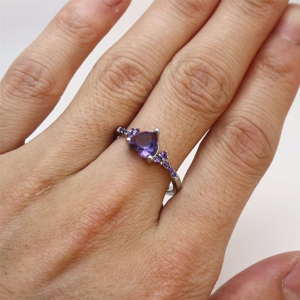 Natural Amethyst Zircon Silver Ring Fashion Wedding Heart Shaped Ring Jewelry Female-image
