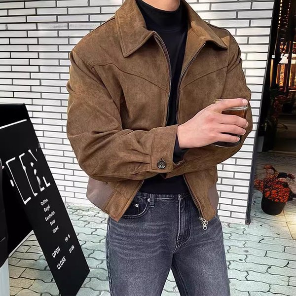 Men's Slim Fit Casual Zip-Up Jacket With Double Front Zipper & Notched Collar - Lightweight Polyester Blend, Windproof & Durable (Black/Coffee)-image